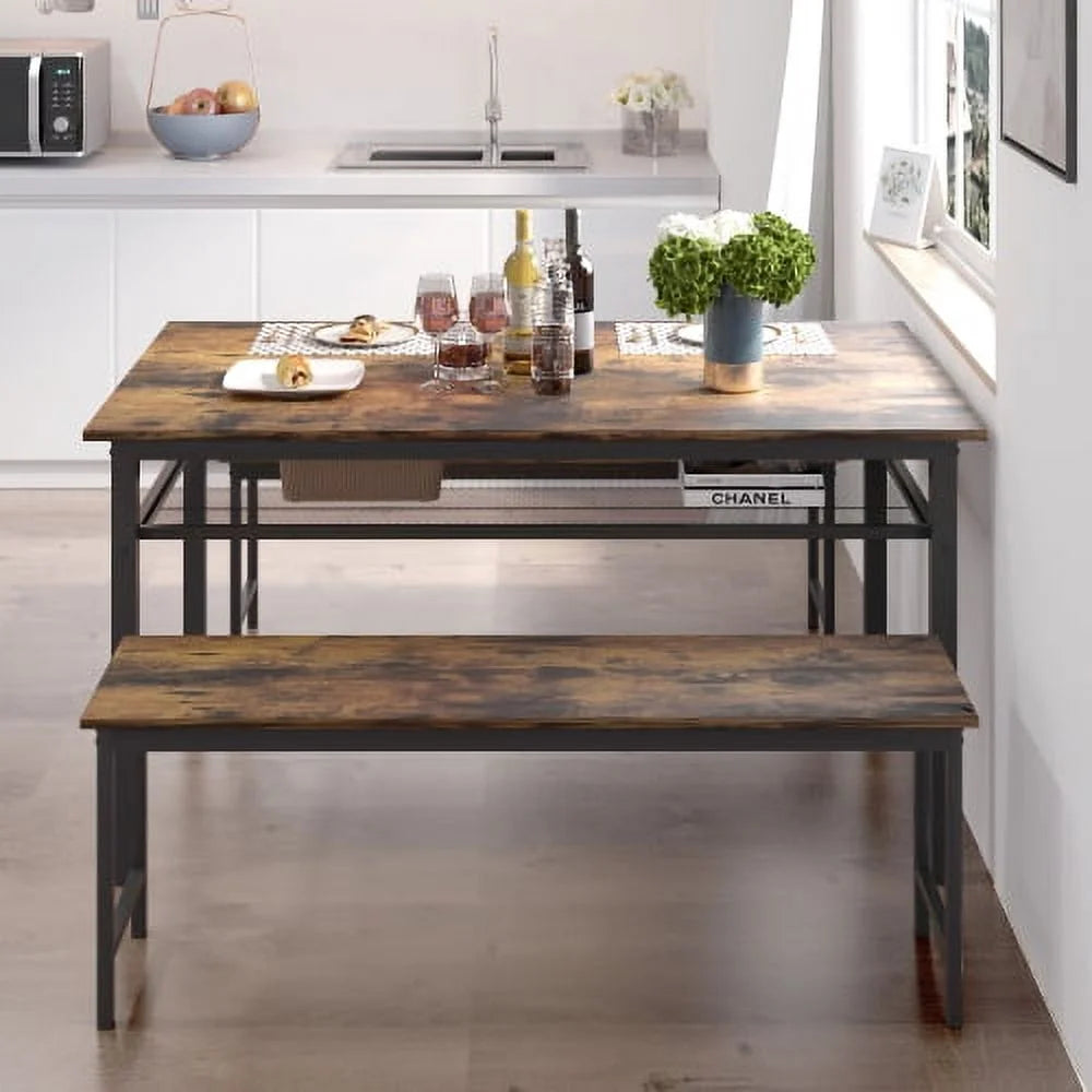 3 Pieces Farmhouse Kitchen Table Set with Two Benches Z4618