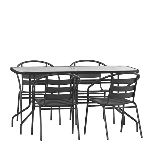 Rectangular Metal Patio Table & Chairs Set with Tempered Glass Top and 4 Black Aluminum Stacking Chairs F18209