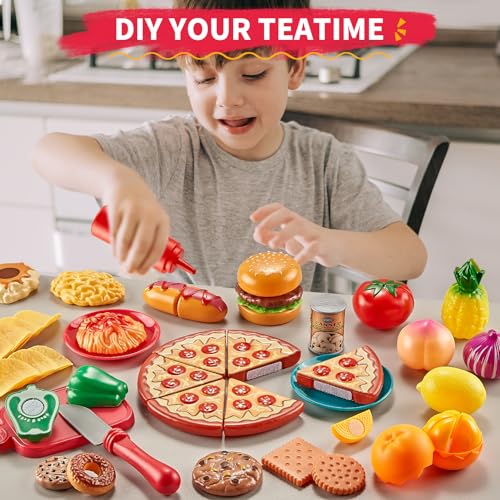 80PC Pretend Food with 2 Kids Picnic Basket, Plastic Food Cutting Toys S2701