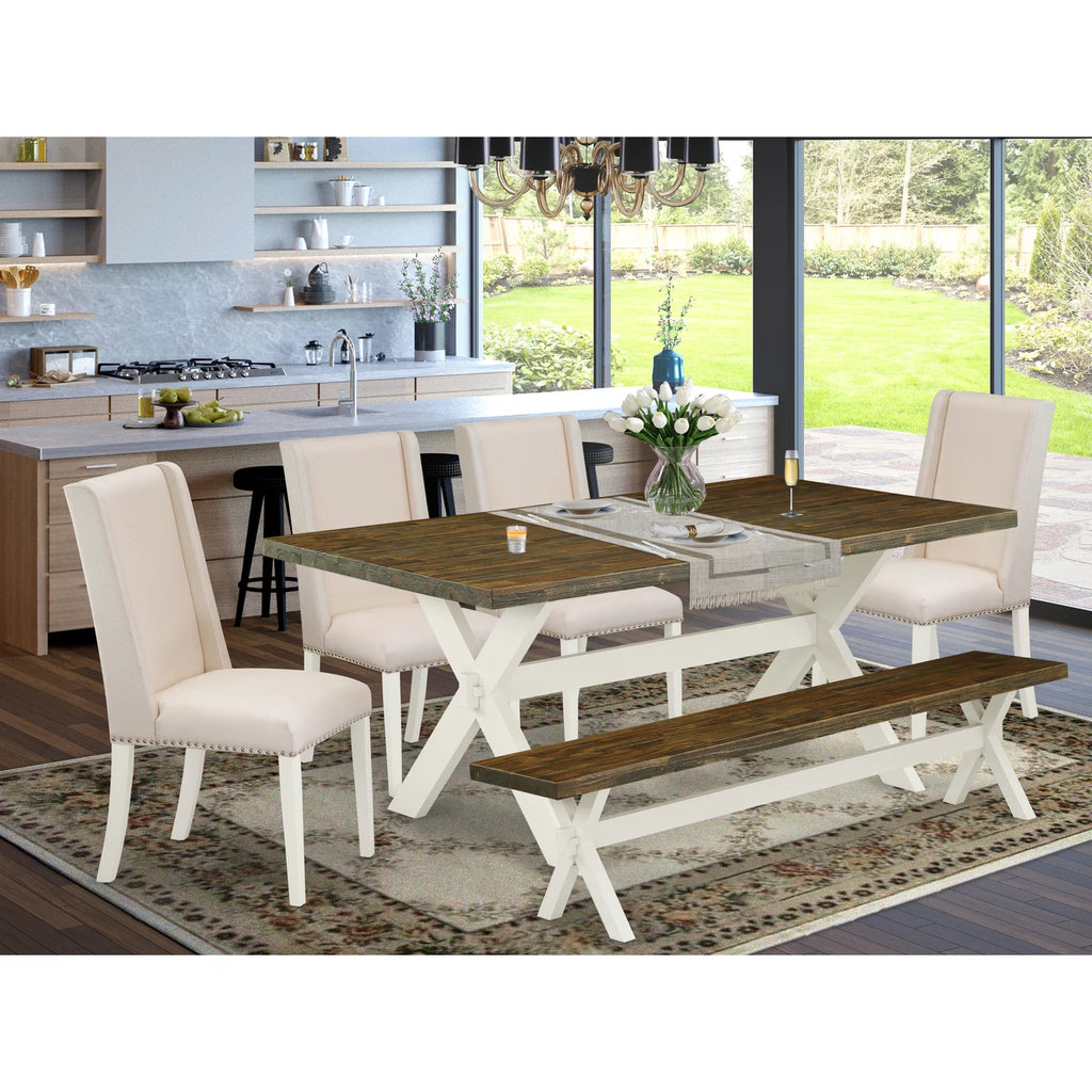 6-Pc Dining Table Set with Cream Linen Fabric Seat and Rectangular Top E880389