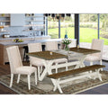 6-Pc Dining Table Set with Cream Linen Fabric Seat and Rectangular Top E880389