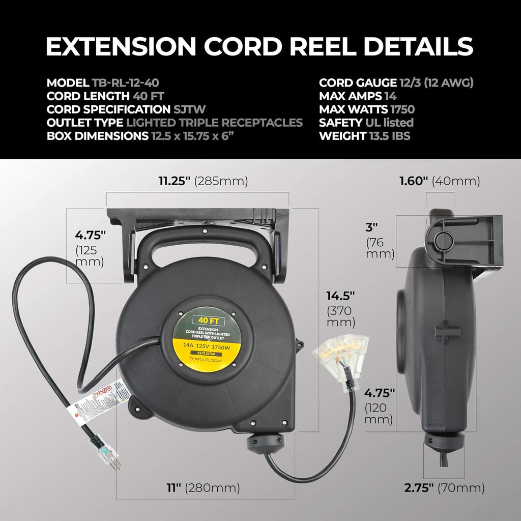 45 Ft Retractable Extension Cord Reel with 3 Electrical Outlets Heavy Duty Yellow Case Black Cable V420