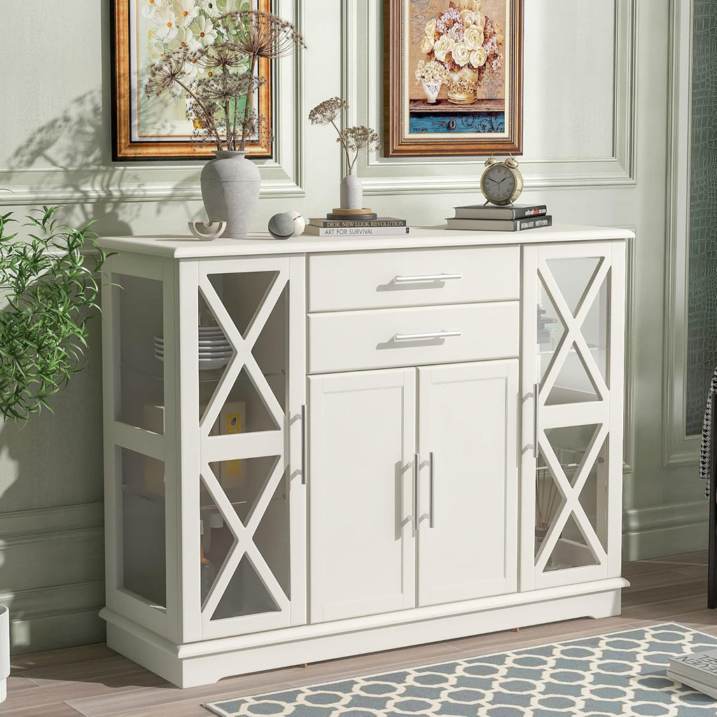 Black Wood Glass Sideboard Buffet Server with 2 Drawers and 3 Cabinets F7758