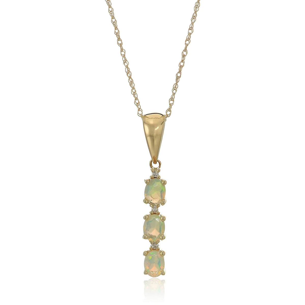 10k Yellow Gold Ethiopian Opal & Diamond 3-Stone Pendant Necklace B9001