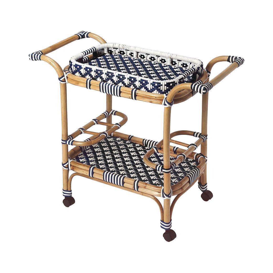 Blue & White Rattan Bar Cart U1262