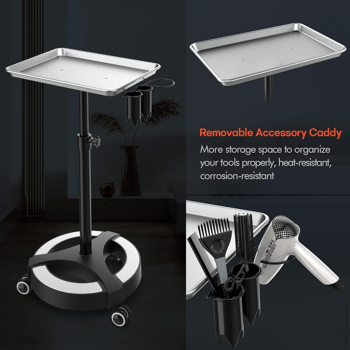 Adjustable Height Aluminum Salon Tray Cart with Accessory Caddy L954809