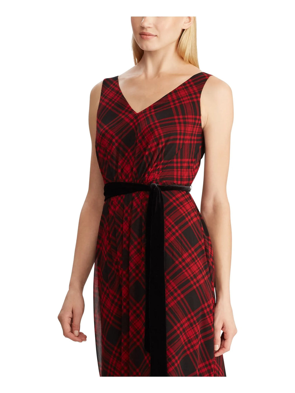 Black Plaid Sleeveless V Neck Maxi Sheath Dress C5642