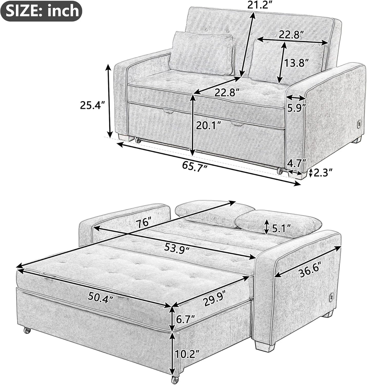 Velvet Convertible Sofa Bed with USB Charging Port F890