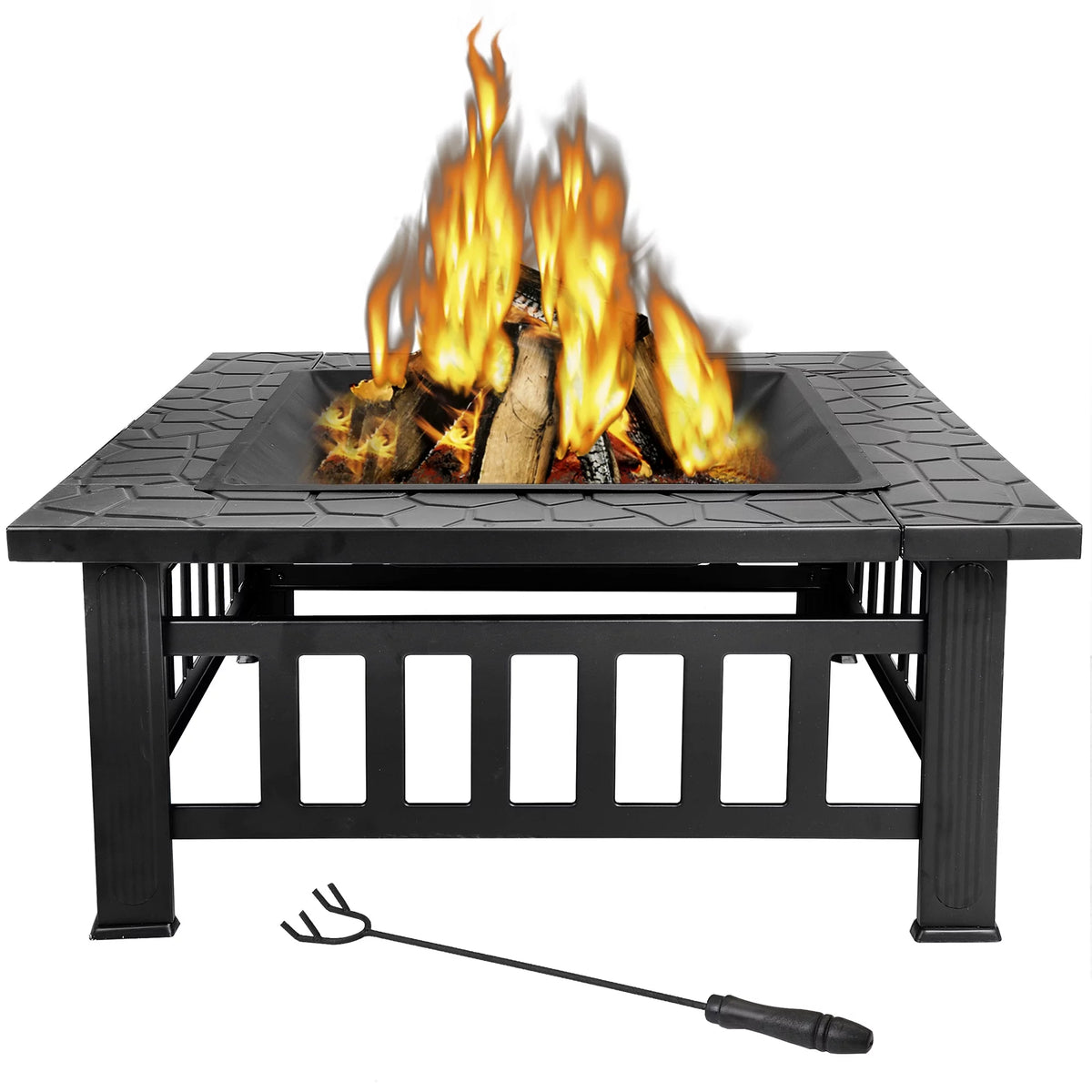 32 Square Wood Black Finish Steel Fire Pit G683431