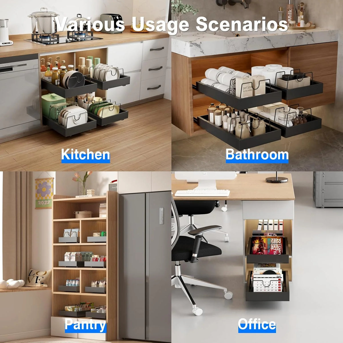 2 Pack Black 21.8 Deep Pull Out Cabinet Organizer with 8 Dividers S246