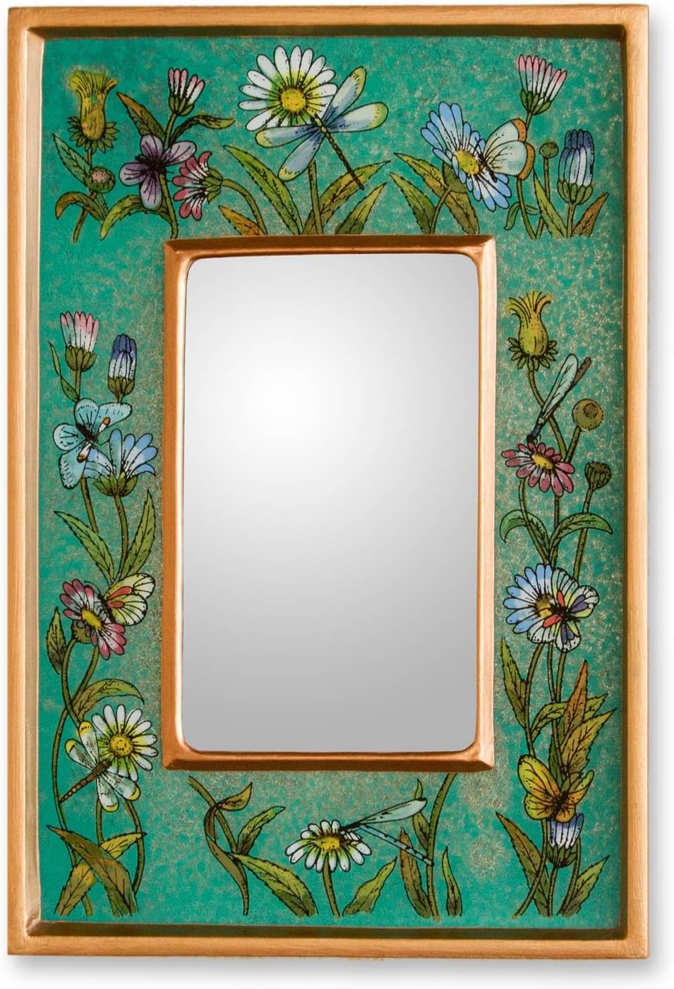 Emerald Fields' Floral Reverse Painted Glass Wood Framed Rectangular Wall Mirror A92488