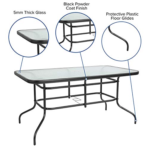 Rectangular Metal Patio Table & Chairs Set with Tempered Glass Top and 4 Black Aluminum Stacking Chairs F18209