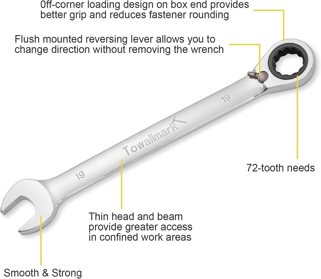 12-Piece Reversible Ratchet Combination Wrench Set, Metric, 8mm-19mm Chrome Vanadium Steel H24559