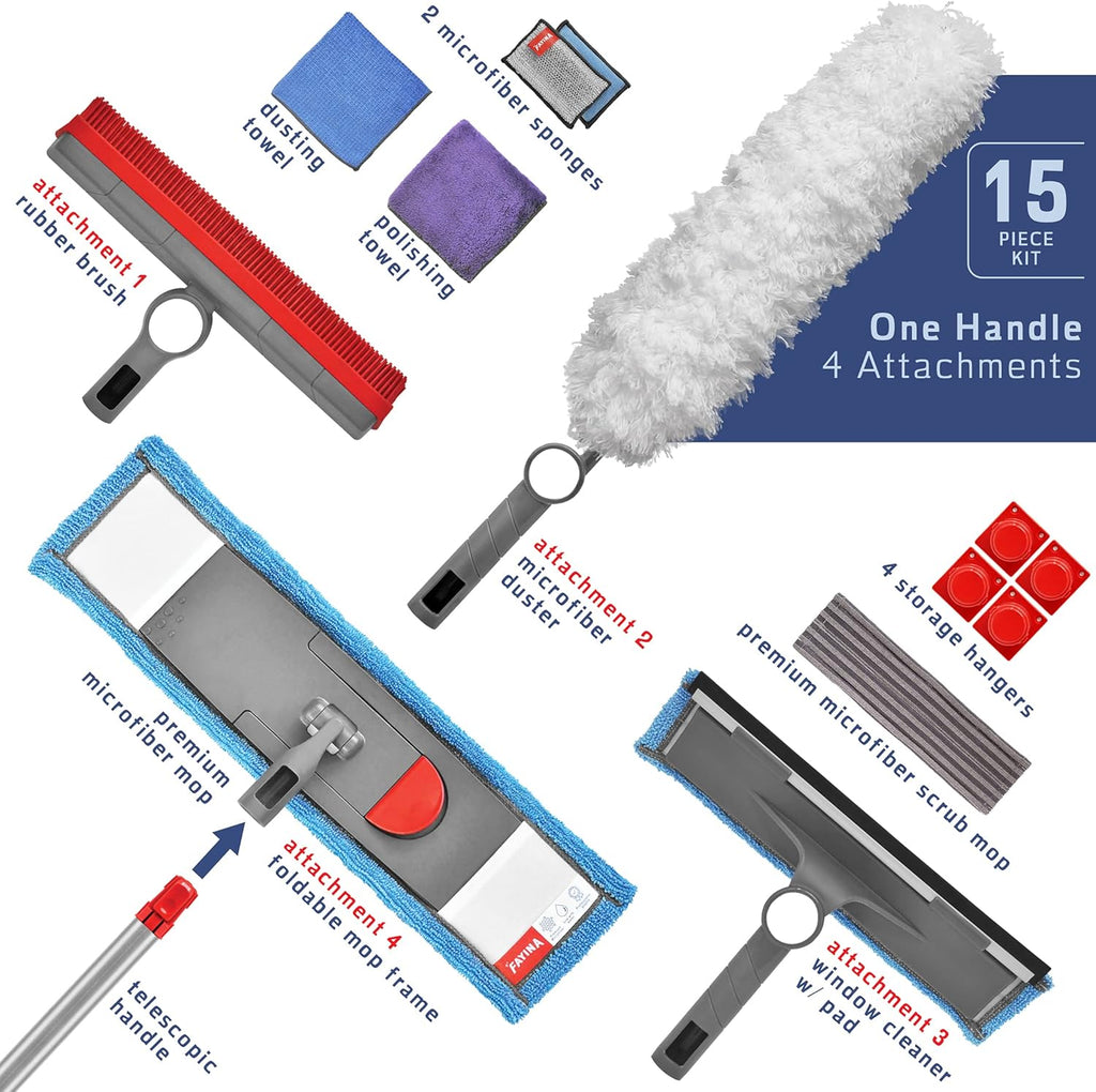 Wet Flat Floor Mop, Rubber Brush, Microfiber Duster, Window Cleaner with Squeegee, 2 Microfiber Cloths, 2 Dish Sponges, Pack of 2 O90126