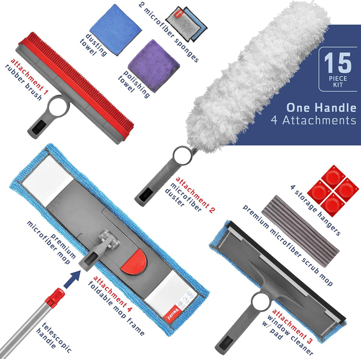 Wet Flat Floor Mop, Rubber Brush, Microfiber Duster, Window Cleaner with Squeegee, 2 Microfiber Cloths, 2 Dish Sponges, Pack of 2 O90126