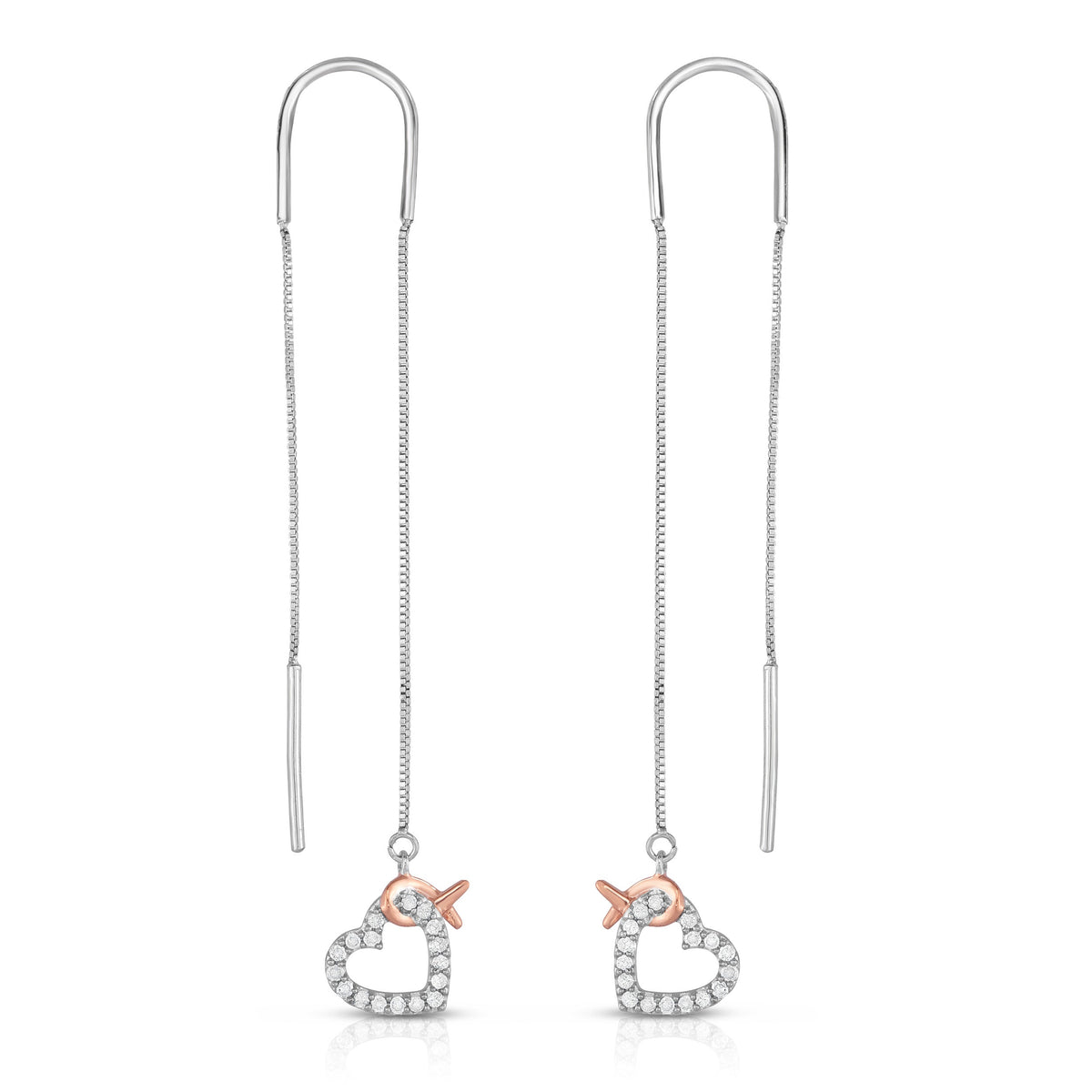 1/5 Cttw Diamond Pink Ribbon and Heart Dangle Threader Earrings in Rhodium Plated Sterling Silver W5131