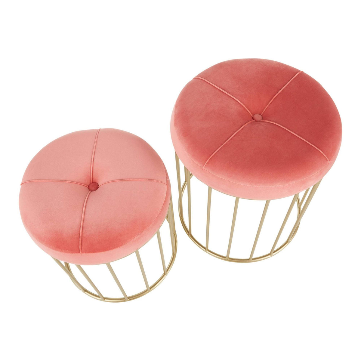 Gold Metal Pink Velvet Nesting Ottoman Set U7967