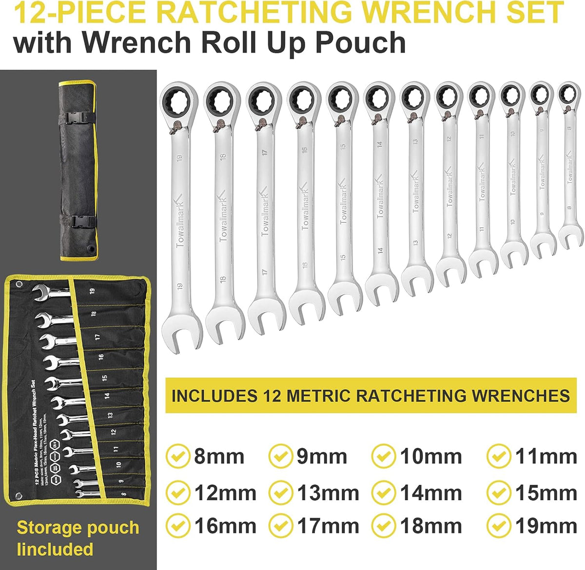 12-Piece Reversible Ratchet Combination Wrench Set, Metric, 8mm-19mm Chrome Vanadium Steel H24559