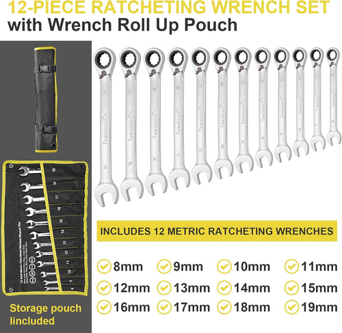 12-Piece Reversible Ratchet Combination Wrench Set, Metric, 8mm-19mm Chrome Vanadium Steel H24559