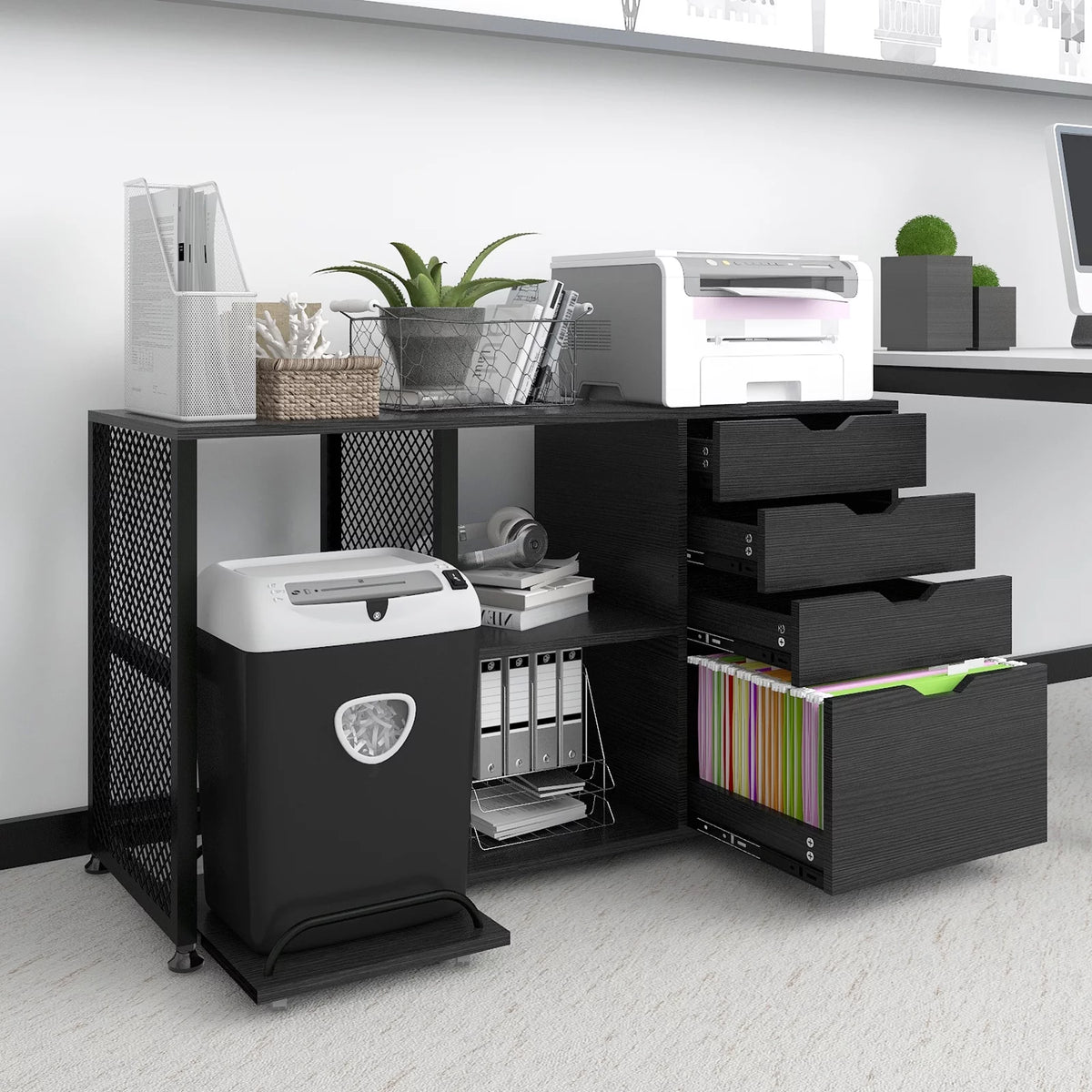 Black 4 Drawer Mobile File Cabinet with 3 Shelves B671