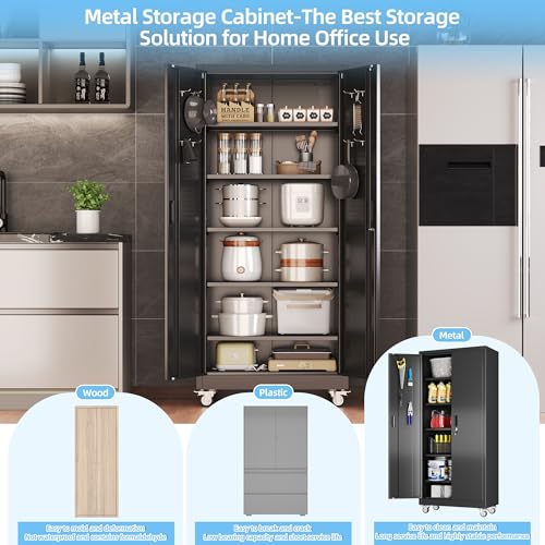 73''H White Metal Storage Cabinet with Wheels and Pegboards I7437