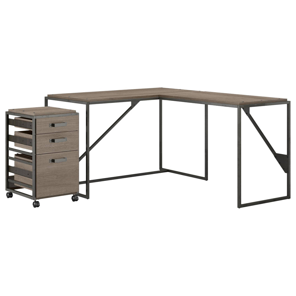 50W L Shaped Industrial Desk with 3 Drawer File Cabinet, Gray T570