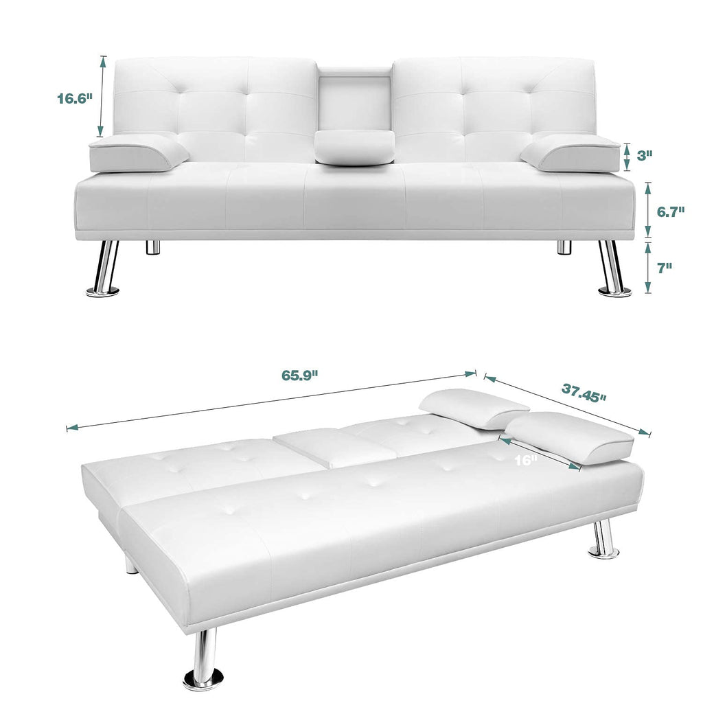 White Faux Leather Sofa Bed with Cup Holders C103626