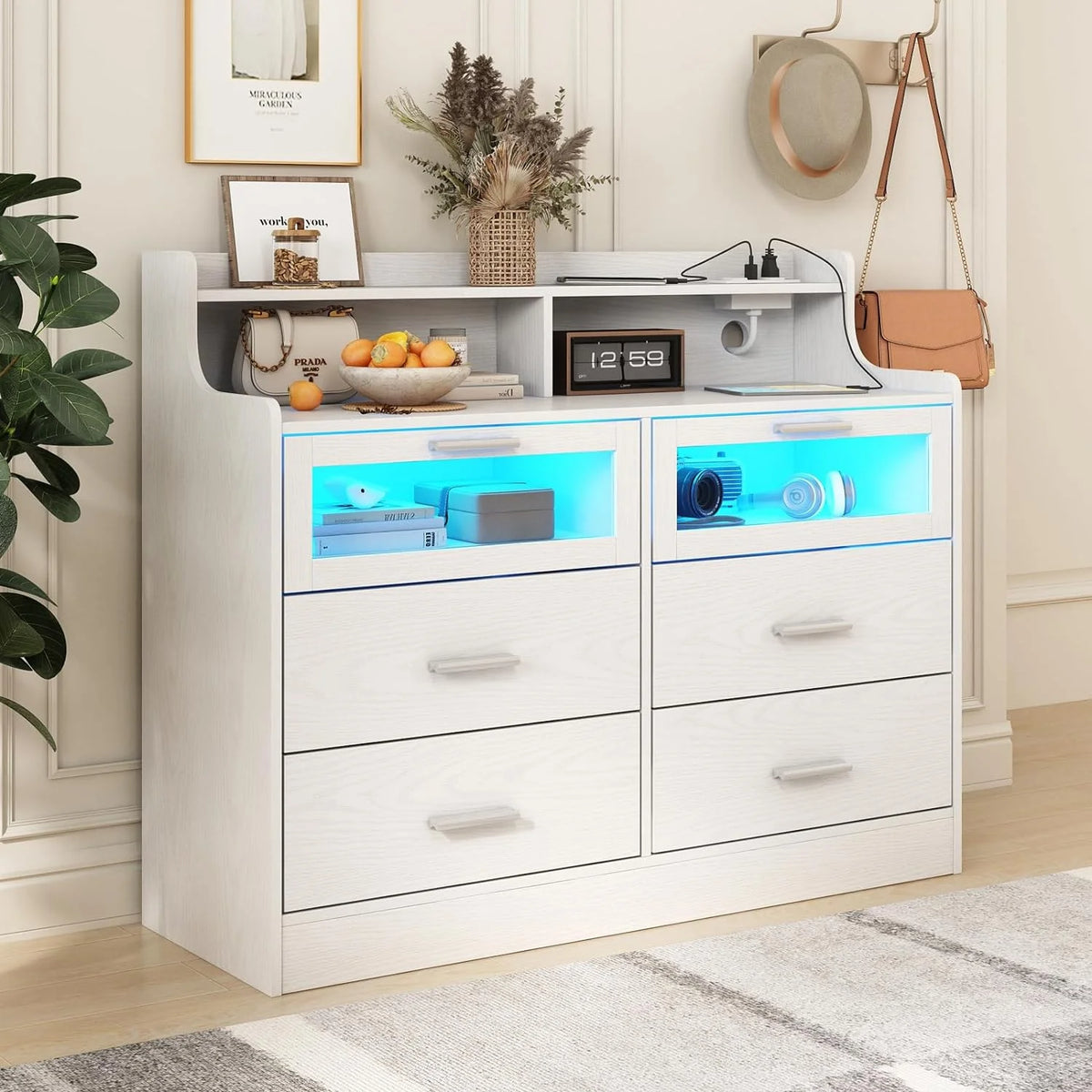 White 6 Drawer Dresser with LED Lights and Charging Station Q5541