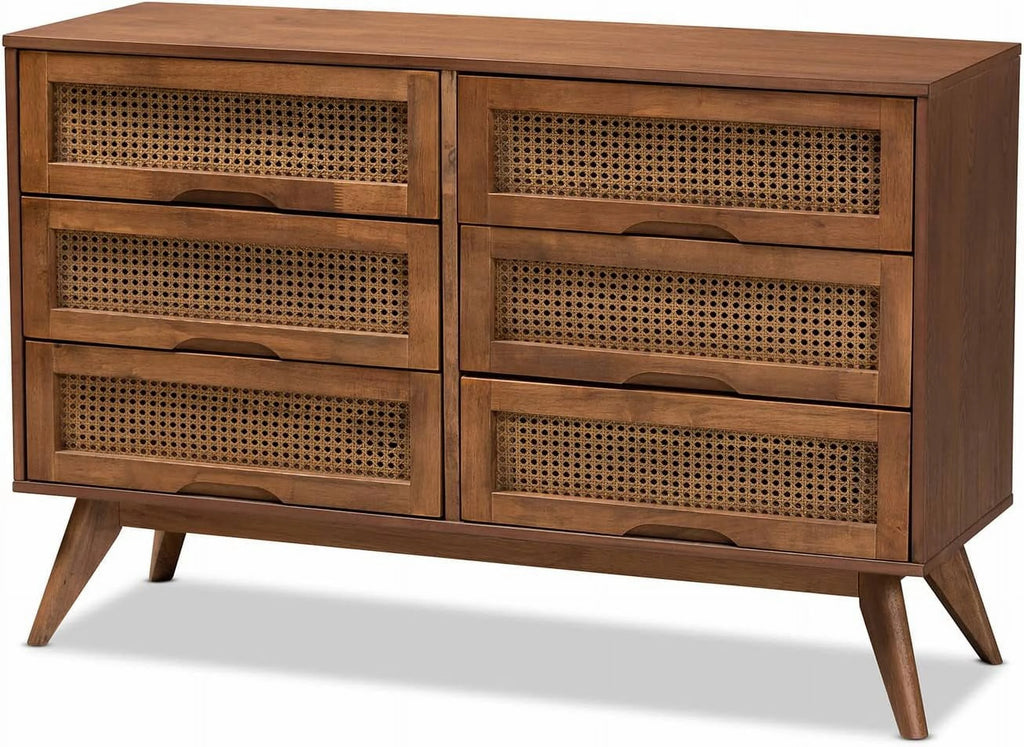 Walnut Brown Wood and Synthetic Rattan 6-Drawer Dresser C2345