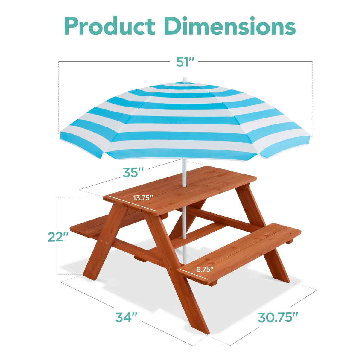 Kids Wooden Picnic Table with Adjustable Umbrella and Built-In Seats E4429
