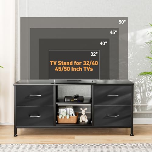 Black Wood Veins TV Stand with 4 Fabric Drawers Q791006