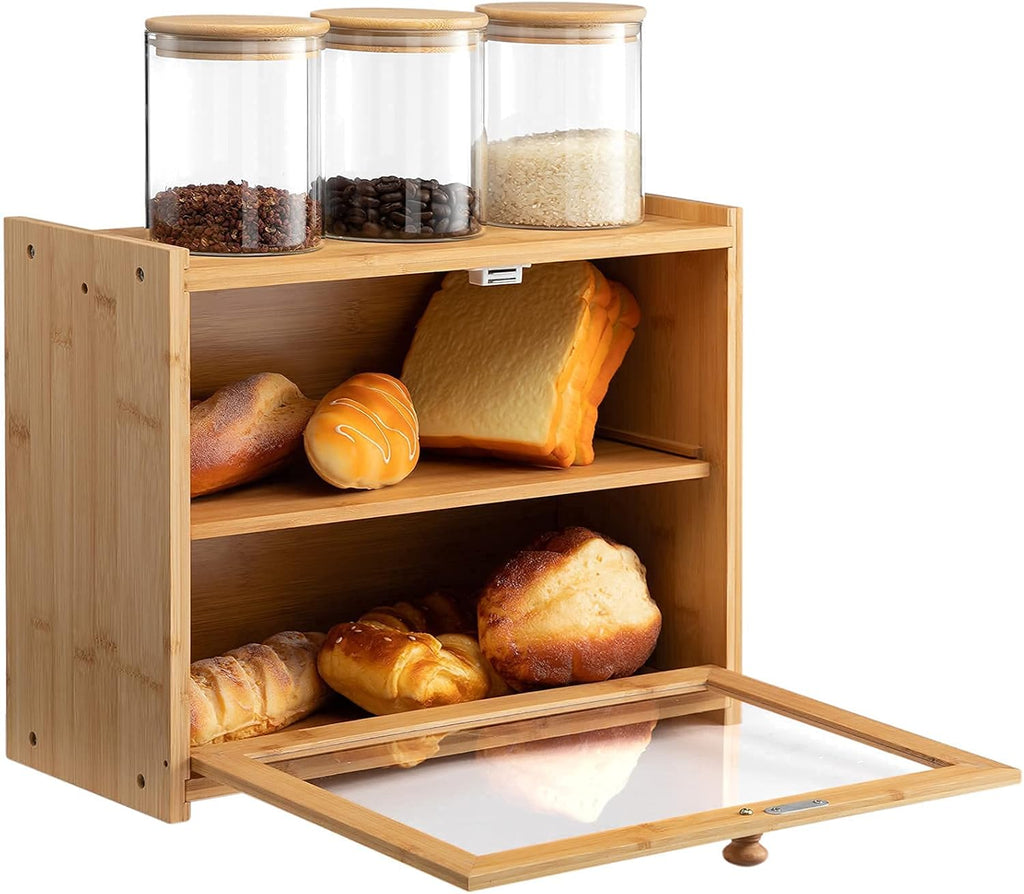 Bamboo Bread Box with 3 Cylindrical Glass Jars R759