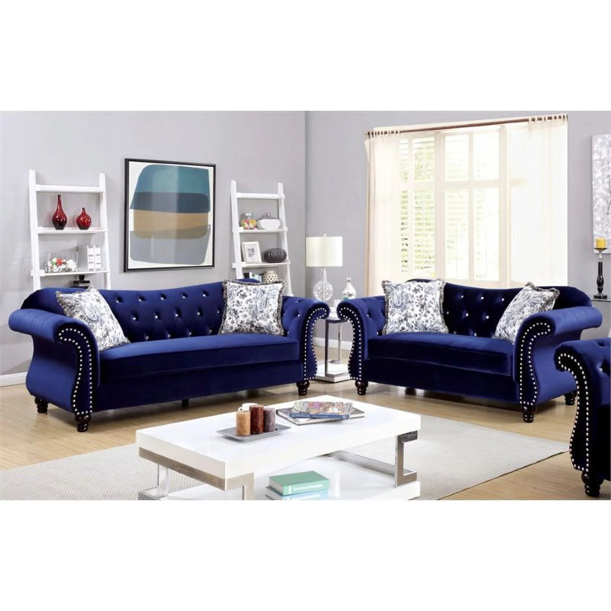 Blue Tufted Fabric 2-Piece Sofa Set T868435
