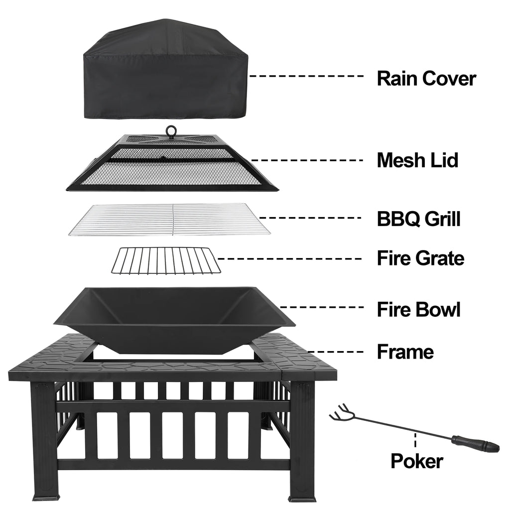32 Square Wood Black Finish Steel Fire Pit G683431