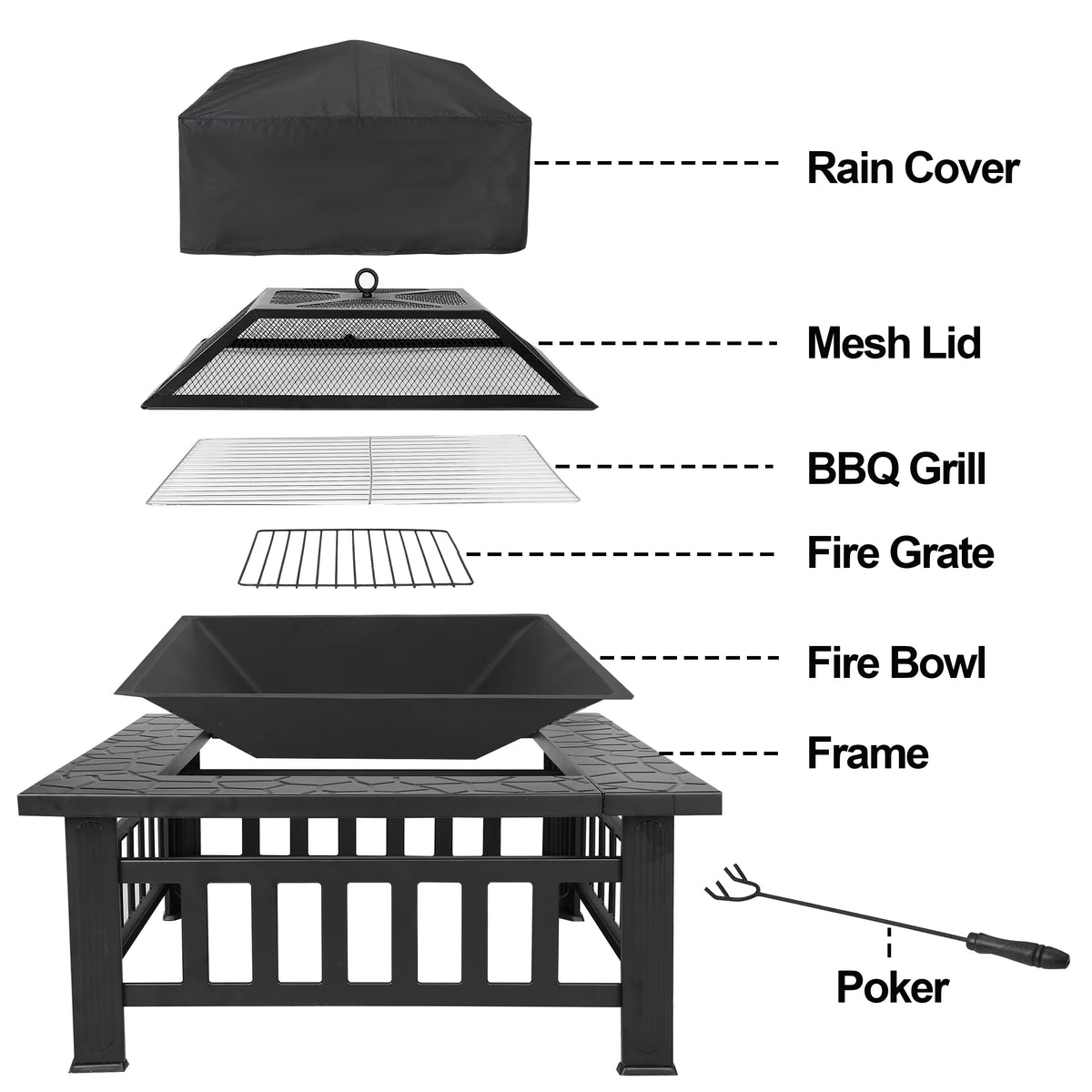 32 Square Wood Black Finish Steel Fire Pit G683431