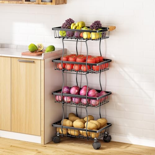 Black 5 Tier Stackable Wire Fruit Basket with Wheels W813