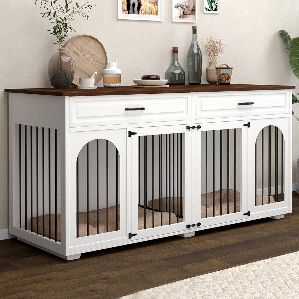 White 74.8 Inch Heavy Duty Wooden Dog Crate with 2 Drawers Q392