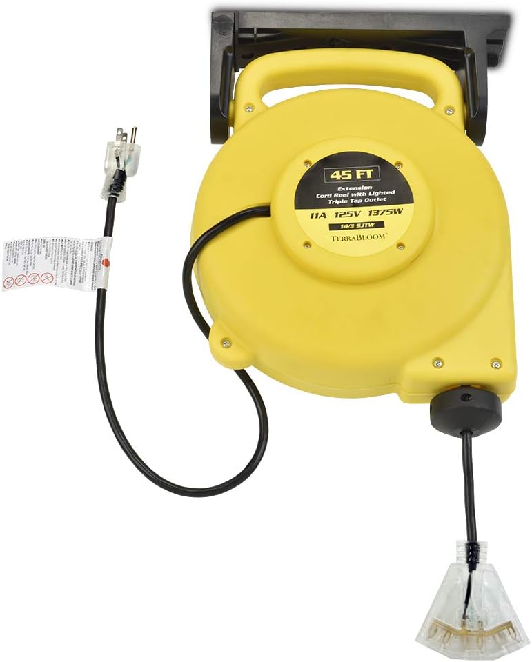 45 Ft Retractable Extension Cord Reel with 3 Electrical Outlets Heavy Duty Yellow Case Black Cable V420