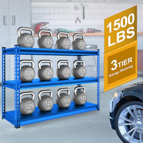 48" W Blue 3-Tier Metal Garage Shelving Q534