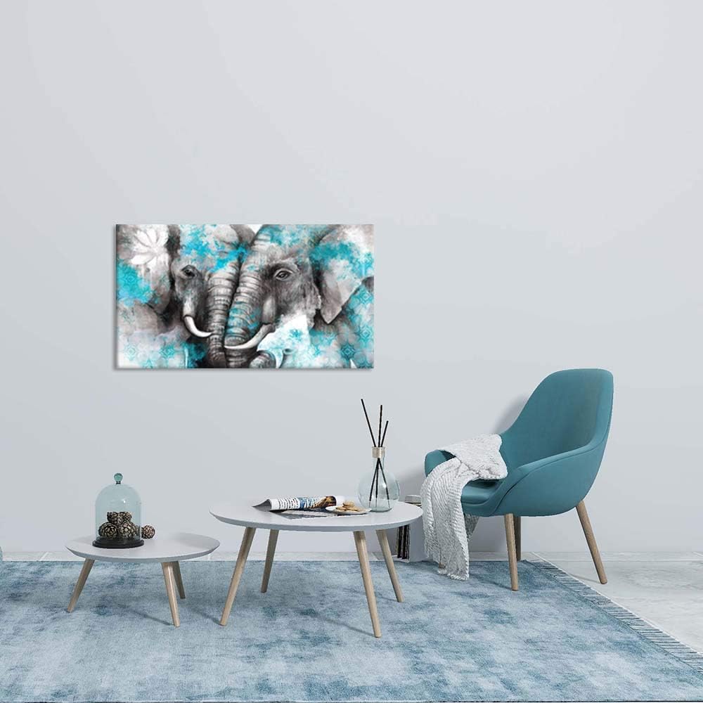 Large Animal Canvas Wall Art Elephant Couple in Love Boho Decor Mandala Elephant Grey and Teal Artwork Stretched and Framed Ready to Hang 20x36inch W54941