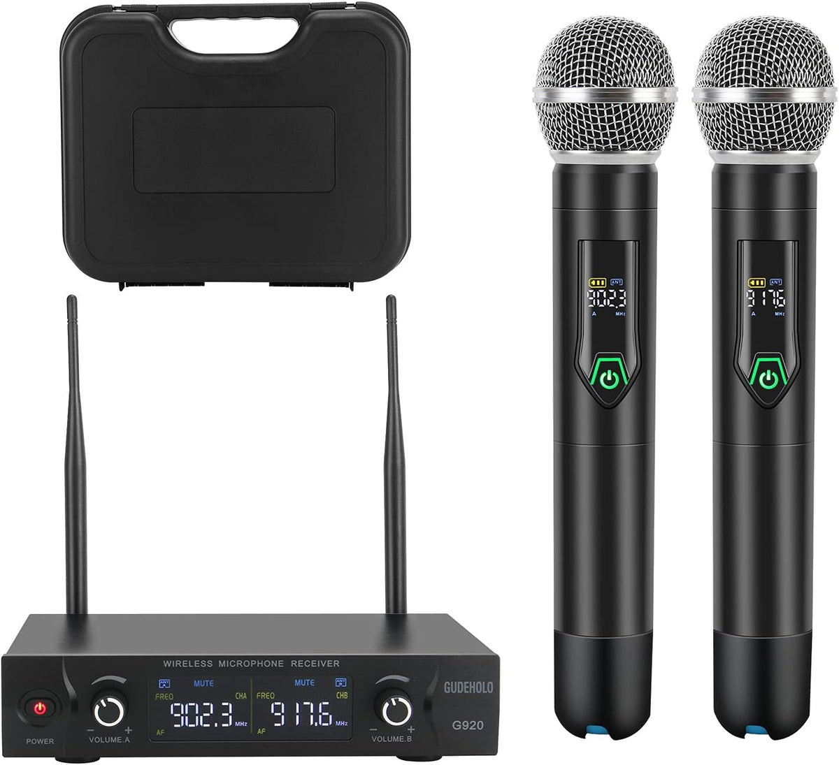 Wireless Microphone System with Case Metal UHF Dual Handheld 20 Channels Black L777574