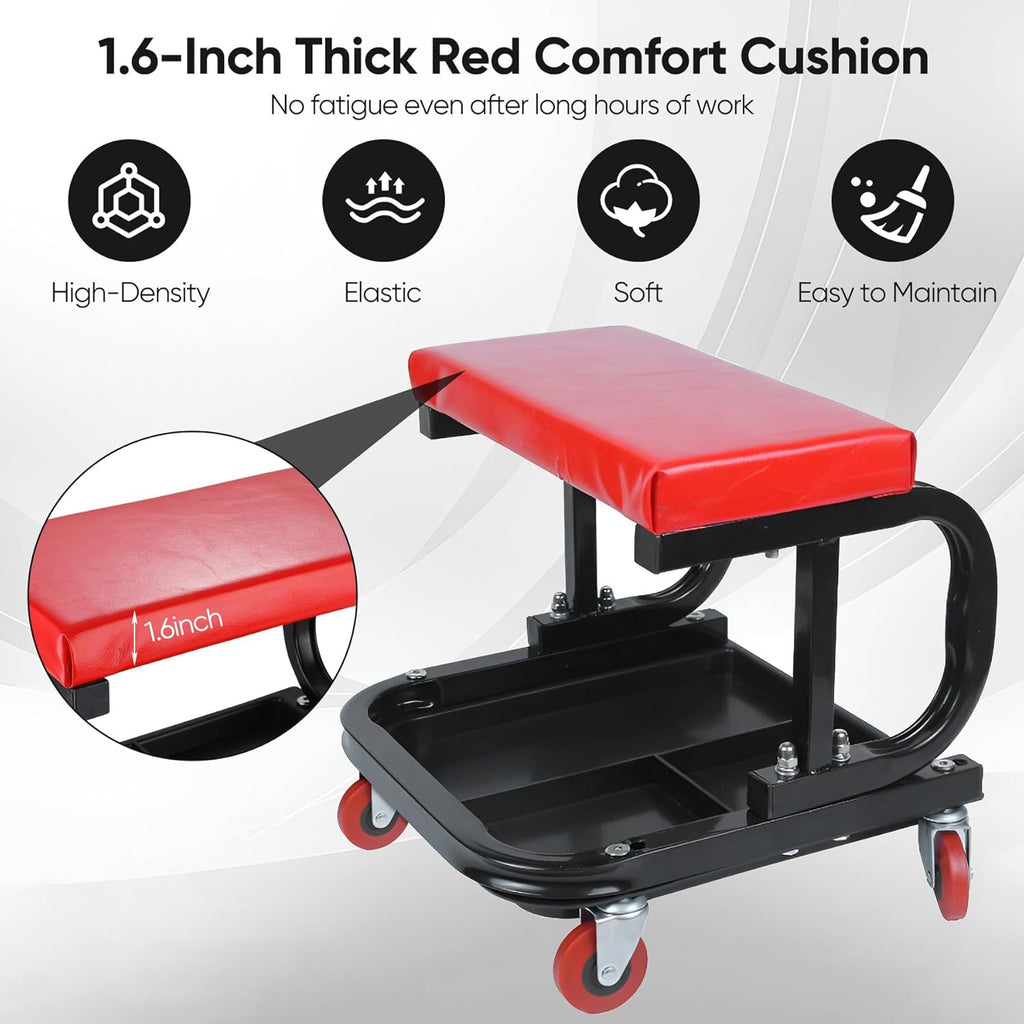 Black/Red Heavy Duty Garage Roller Seat with Tool Tray, 250 LBS Capacity V298