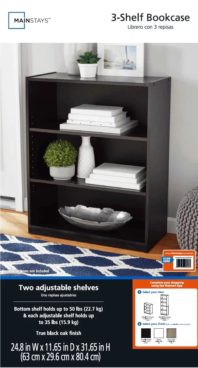 3-Shelf Bookcase with Adjustable Shelves, Black Oak L532011