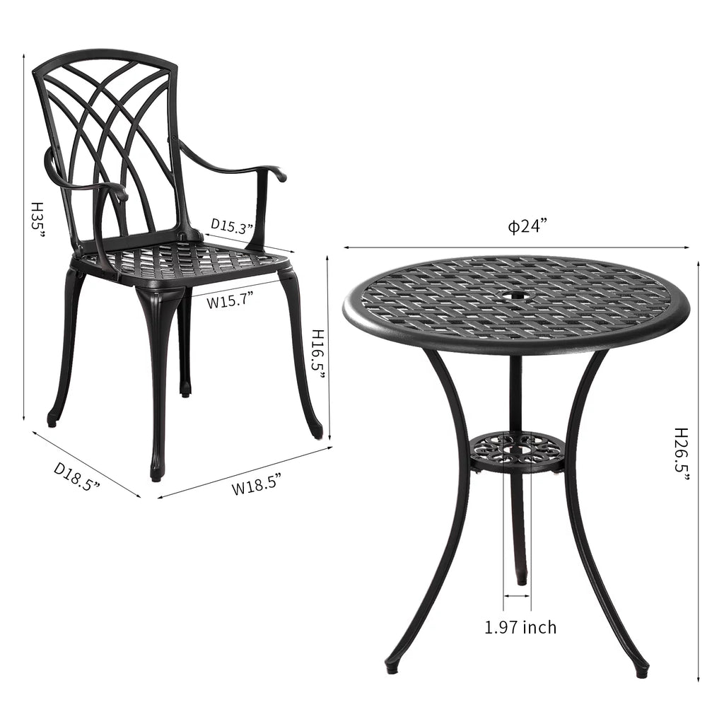 3 Piece Cast Aluminum Patio Bistro Set with Umbrella Hole Y53990