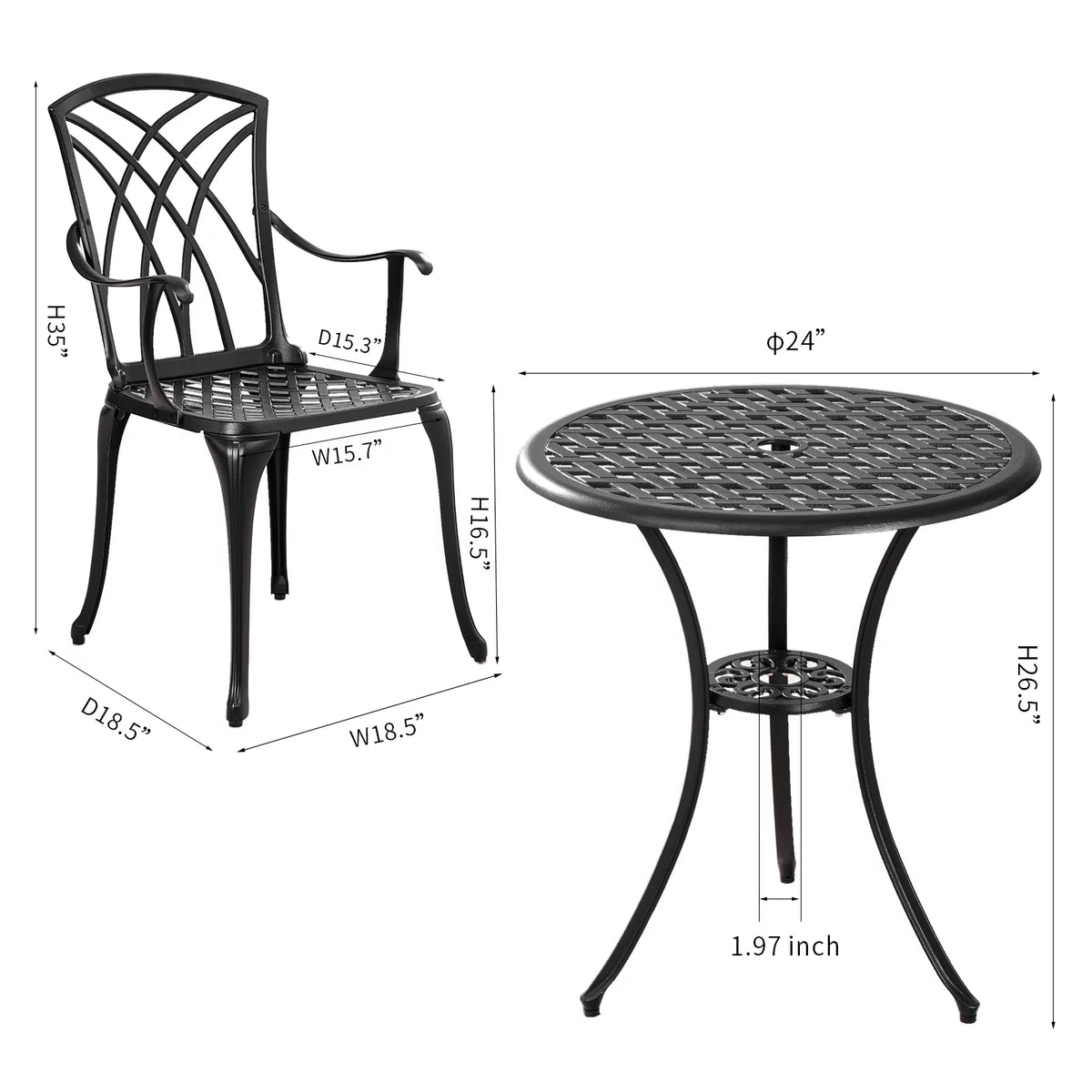 3 Piece Cast Aluminum Patio Bistro Set with Umbrella Hole Y53990