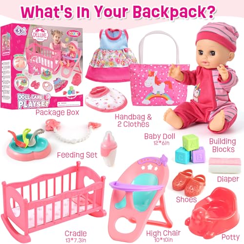 12in Baby Doll Crib and High Chair Set with 20pcs Accessories B101803