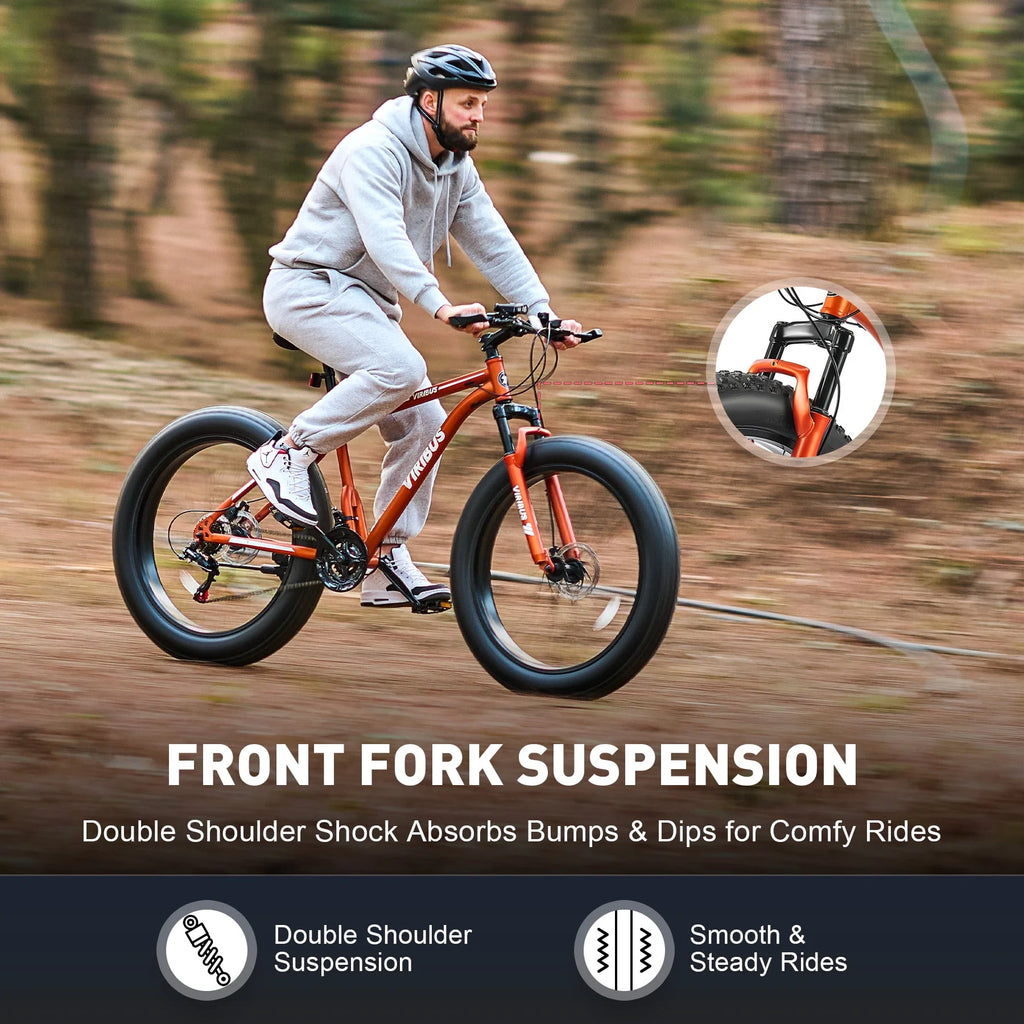 26 Fat Tire Mountain Bike with Front Suspension 21 Speeds Disc Brakes Orange K16950