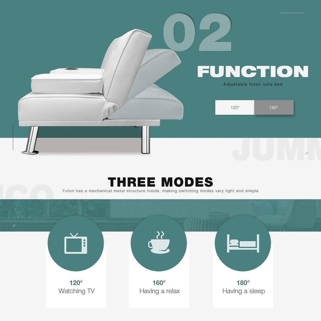 White Faux Leather Sofa Bed with Cup Holders C103626