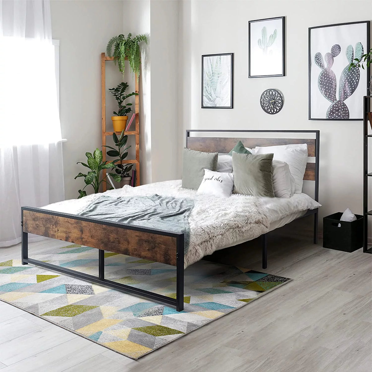 King Size Rustic Oak Metal Platform Bed with Wood Headboard and Footboard S4535