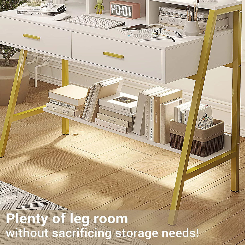 White and Gold Computer Desk with Drawers R232794